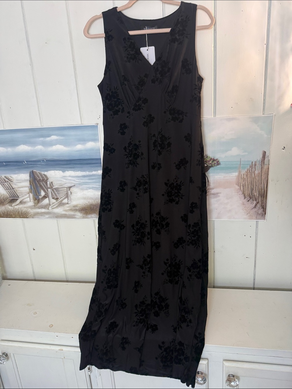 Black Floral Flocked Sleeveless Midi Dress
